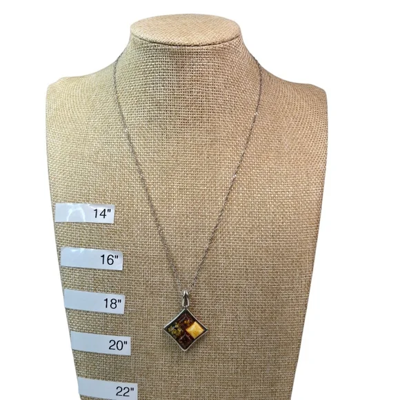 Vintage 925 Sterling Silver Amber Multi-color Pendant Necklace Women's Classic
